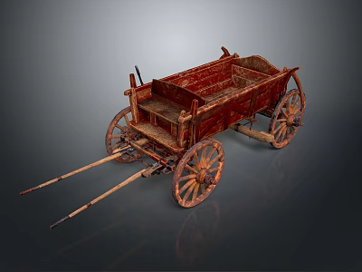 Vintage Wooden Cart With Rustic Design Spoked Wheels Pull Rods And Open Cargo Bed 3d model