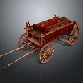 Vintage Wooden Cart With Rustic Design Spoked Wheels Pull Rods And Open Cargo Bed