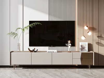 Modern Living Room TV Stand With TV Potted Plant Hanging Lights And Decorative Items 3d model