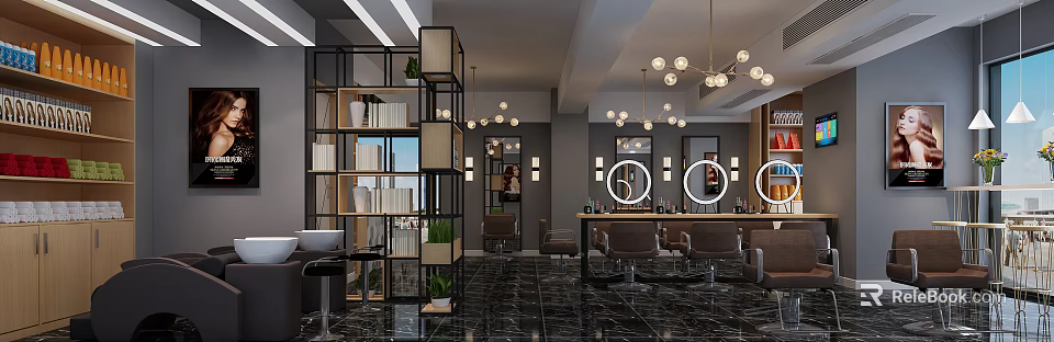 Modern Hair Salon Interior Design With Barber Chairs Mirrors And Pendant Lights 3d model 