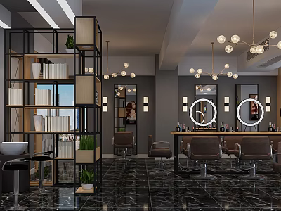 Modern Hair Salon Interior Design With Barber Chairs Mirrors And Pendant Lights 3d model