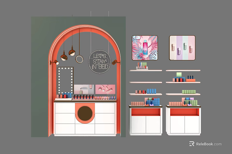 Modern Arched Retail Display Shelves With Cosmetics Lipstick And Hanging Lights 3d model 