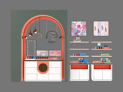 Modern Arched Retail Display Shelves With Cosmetics Lipstick And Hanging Lights 3d model