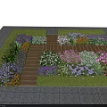 Vibrant Flowers And Diverse Plants In Garden With Wooden Pathway Layout