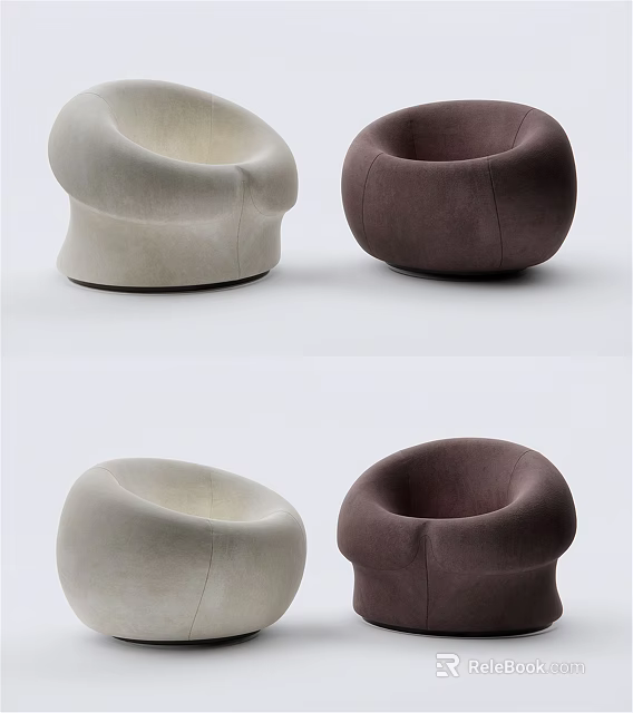 Modern Minimalist Single Sofa with Round Shape in Cream and Dark Brown Velvet Upholstery 3d model 