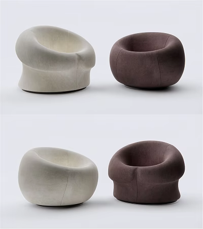 Modern Minimalist Single Sofa with Round Shape in Cream and Dark Brown Velvet Upholstery 3d model
