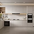 Modern Kitchen Interior Design With White Cabinets Built In Appliances Countertop And Window Blinds