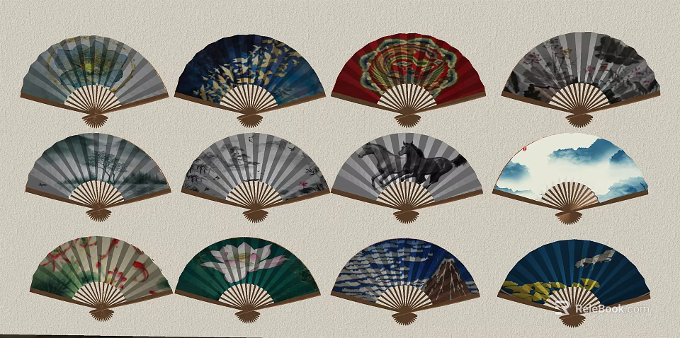 Colorful Decorative Fans As Wall Decor With Various Patterns And Designs 3d model 