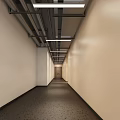 Modern Office Corridor With White Walls Exposed Ceiling Ducts And Recessed Lighting