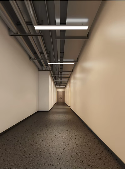 Modern Office Corridor With White Walls Exposed Ceiling Ducts And Recessed Lighting 3d model