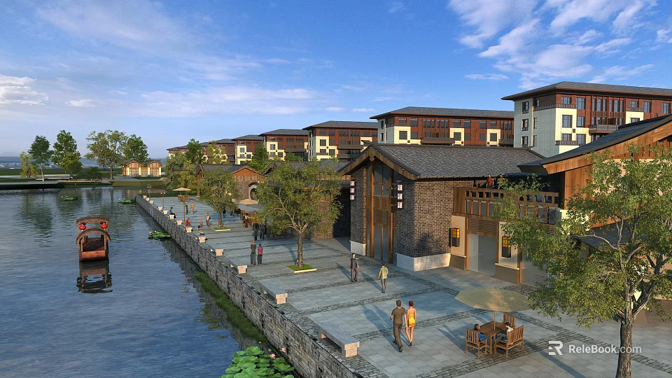 Traditional Style Commercial Street With Riverside Pedestrians Trees And Outdoor Seating 3d model 