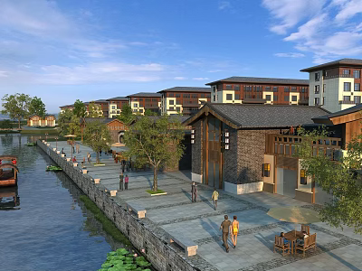 Traditional Style Commercial Street With Riverside Pedestrians Trees And Outdoor Seating 3d model