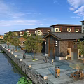 Traditional Style Commercial Street With Riverside Pedestrians Trees And Outdoor Seating