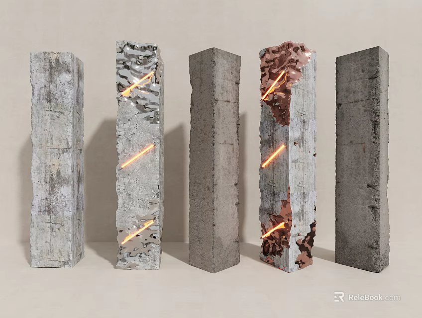 Five Modern Concrete Columns With Embedded Illuminated Lines And Textured Surfaces 3d model 