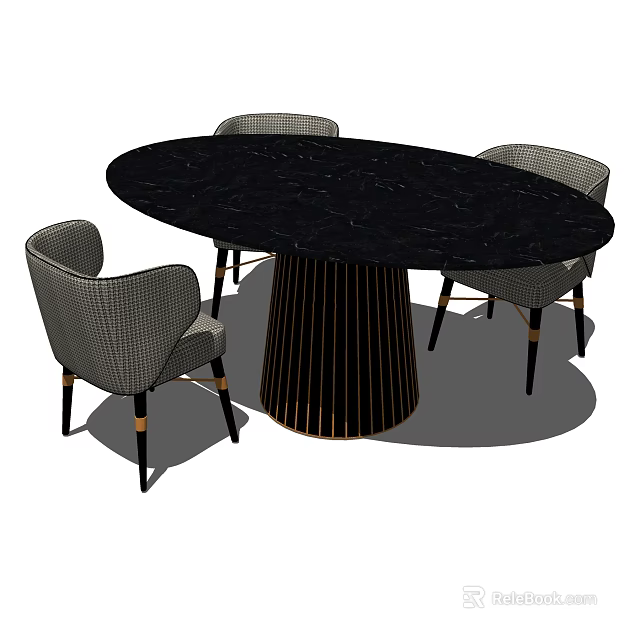 Oval Black Marble Dining Table Set With Gold Striped Base And Gray Checkered Chairs 3d model