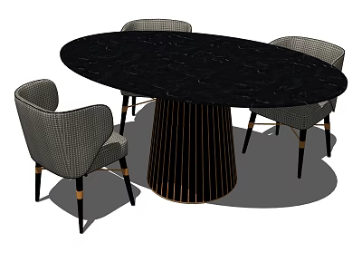 Oval Black Marble Dining Table Set With Gold Striped Base And Gray Checkered Chairs 3d model