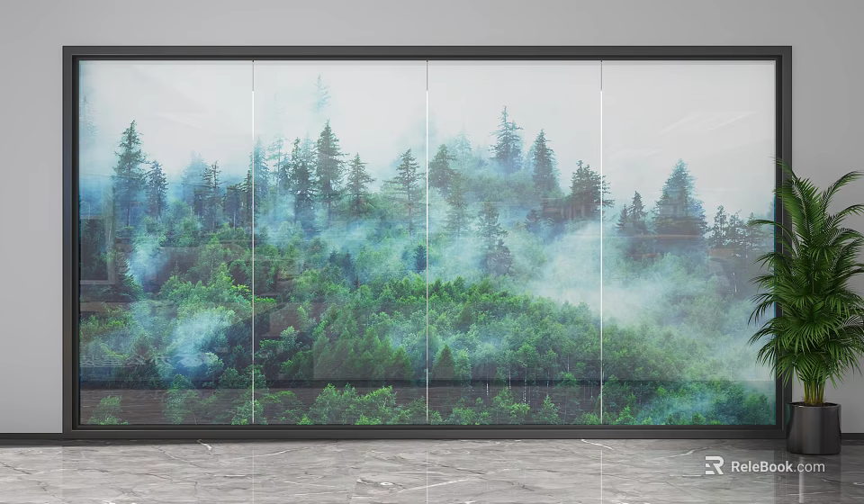Scenic Glass Partition With Lush Forest And Misty Landscape For Modern Space 3d model 