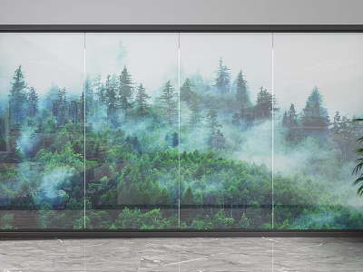Scenic Glass Partition With Lush Forest And Misty Landscape For Modern Space 3d model
