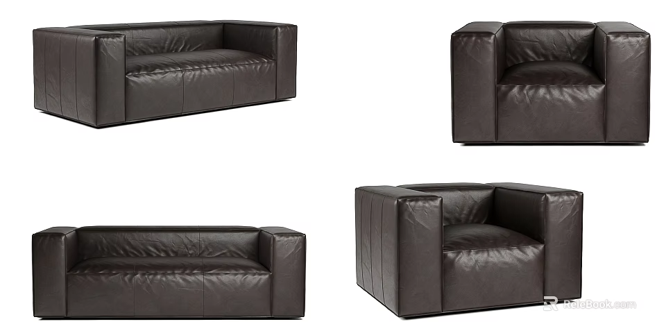 Modern Leather Modular Sofa Set With Square Armrests And Multiple Seating Modules 3d model