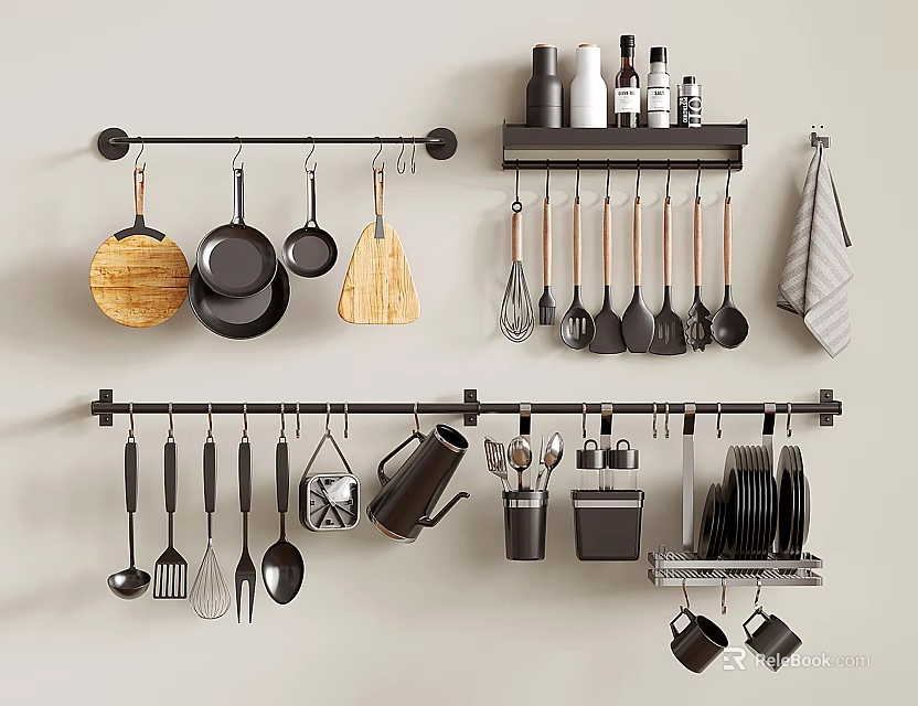 Hanging Kitchen Utensils Pans Cutting Boards Whisks Spoons On Wall Mounted Racks With Storage Jars 3d model 