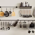 Hanging Kitchen Utensils Pans Cutting Boards Whisks Spoons On Wall Mounted Racks With Storage Jars