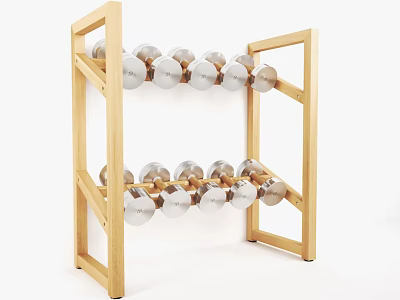 Wooden Two Tiered Rack With Silver Circular Objects Arranged On White Background 3d model