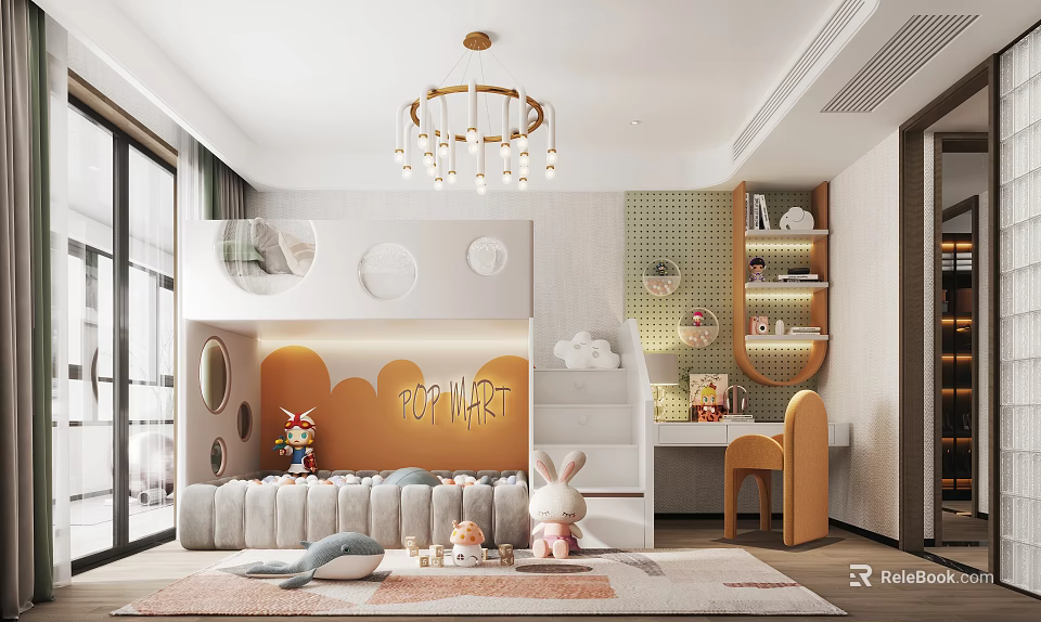Kids Room Interior Design With Football Wall Decor Round Window Bed And Rabbit Plush Toy 3d model 