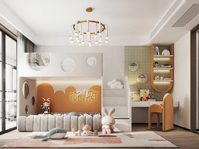 Kids Room Interior Design With Football Wall Decor Round Window Bed And Rabbit Plush Toy 3d model