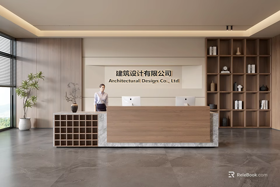 Modern Architectural Design Office Front Desk Reception With Wooden Marble Counter And Receptionist 3d model 