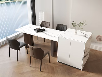 Modern Minimalist Dining Table Set With Marble Top Dark Chairs And White Cabinet 3d model