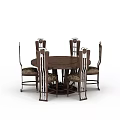 Elegant Carved Dining Chairs Surrounding Round Wooden Table With Metal Accents