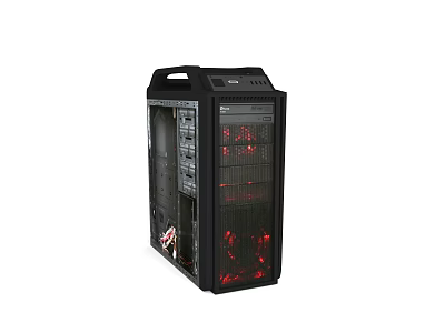 Modern Black PC Case With Transparent Side Panel Red LED Lights And Handle Design 3d model