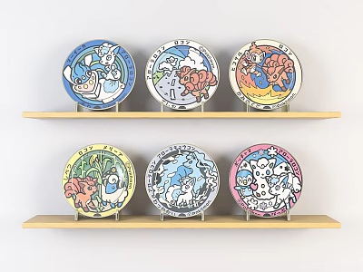 Vibrant Decorative Plates Arranged On Wooden Shelves With Colorful Cartoon Designs 3d model
