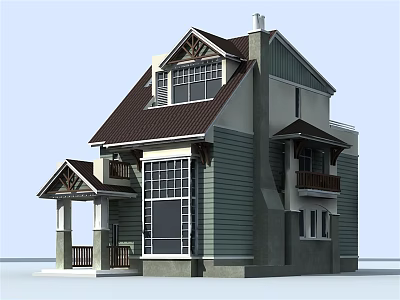 Two Story Detached Villa With Dark Roof Green Exterior Walls Large Windows Balcony And Porch 3d model