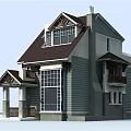 Two Story Detached Villa With Dark Roof Green Exterior Walls Large Windows Balcony And Porch