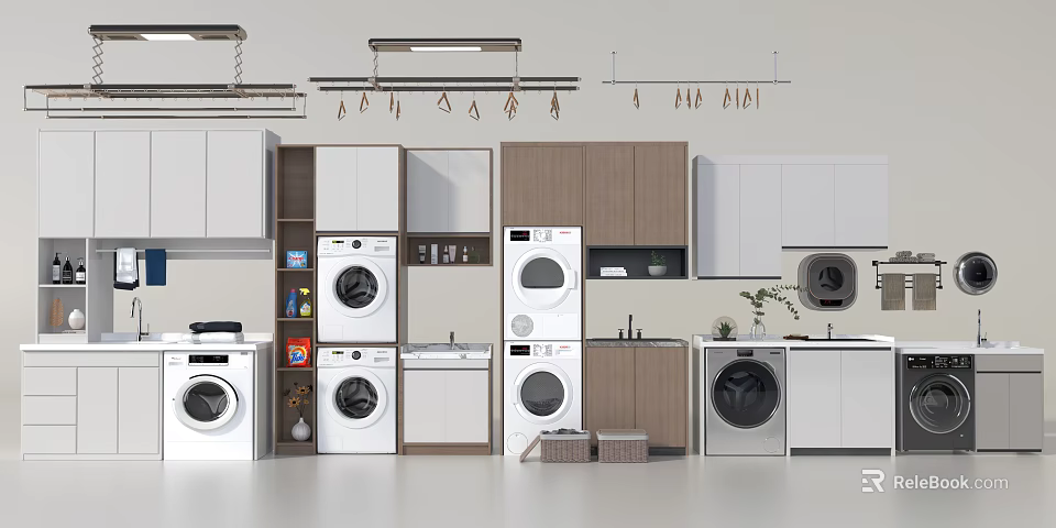 Modern Laundry Room Design With Multiple Washing Machines And Storage Cabinets 3d model