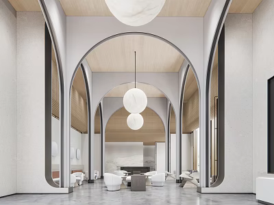 Casual Lounge Area Featuring Arched Doorways Wooden Ceiling Hanging White Spherical Lights And White Chairs 3d model