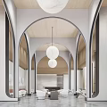 Casual Lounge Area Featuring Arched Doorways Wooden Ceiling Hanging White Spherical Lights And White Chairs