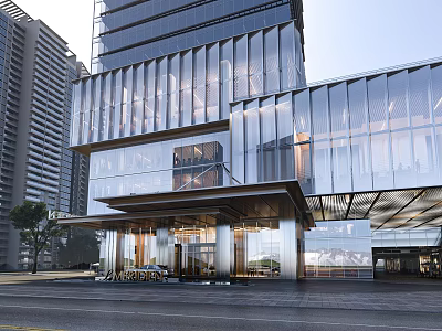 Modern High Rise Office Building with Glass Facade and Entrance Canopy in Contemporary Urban Design 3d model