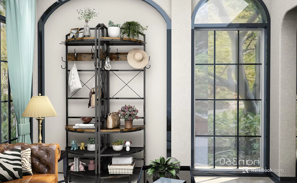 Industrial Style Multi Tiered Shelving Unit With Green Plants Decor Books And Hat In Living Room Interior 3d model 