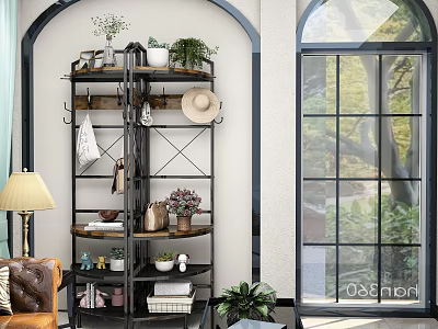Industrial Style Multi Tiered Shelving Unit With Green Plants Decor Books And Hat In Living Room Interior 3d model