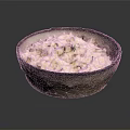 Cooked White Rice Topped With Fresh Herbs In Ceramic Bowl On Dark Background