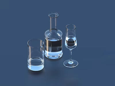 Elegant Wine Bottle With Two Glasses And Liquid On Dark Blue Smooth Surface 3d model