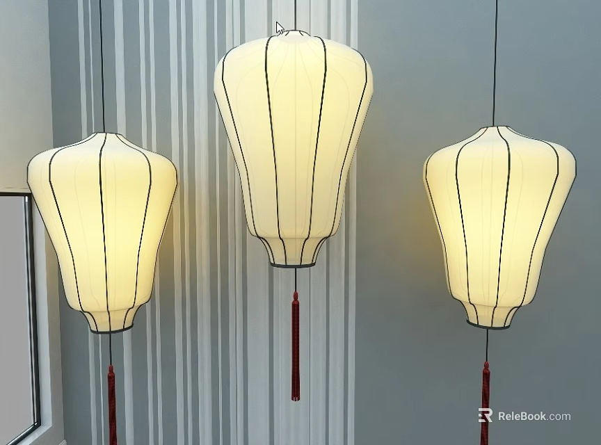 Hanging Cream Colored Lanterns With Black Stripes And Red Tassels On Gray Striped Wall 3d model 