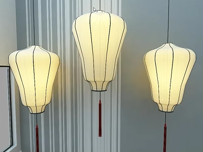 Hanging Cream Colored Lanterns With Black Stripes And Red Tassels On Gray Striped Wall 3d model
