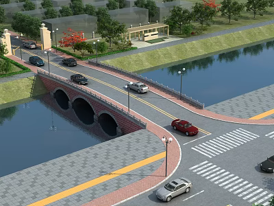 Scenic Arch Bridge With Cars On Road Surrounding Greenery And Street Lamps By Water 3d model
