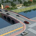 Scenic Arch Bridge With Cars On Road Surrounding Greenery And Street Lamps By Water