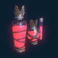Ornate Glass Bottles With Red Liquid Metal Crown Tops And Wrapped Straps