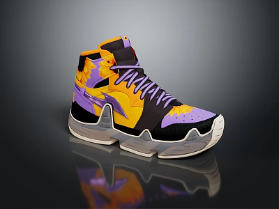 Stylish High Top Sneakers With Purple Yellow Colorful Design And Transparent Sole 3d model