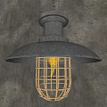 Industrial Style Metal Pendant Light With Cage Shade And Lit Bulb Against Rough Textured Wall
